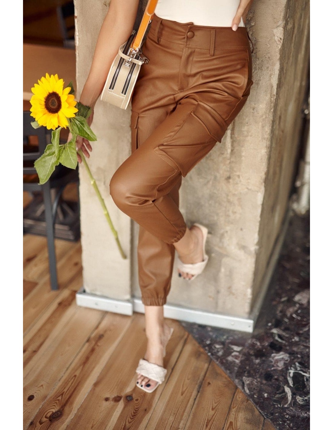 Cargo pants, eco-leather, brown 24550 - Online store - Boutique